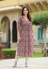 Floral Printed Flared Knee Length Rayon Kurti For Women-HFXMA-K124-MAROON